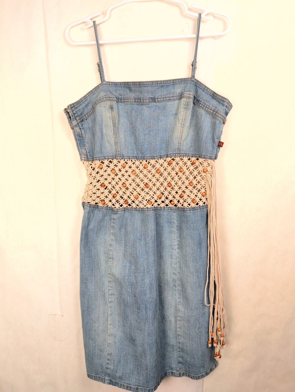 Jordache Vintage macrame fringe denim dress XL Boho Western Country Festival